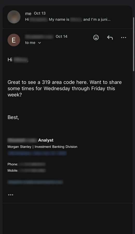 A Morgan Stanley analyst notes the shared 319 area code and asks for times Wednesday through Friday.