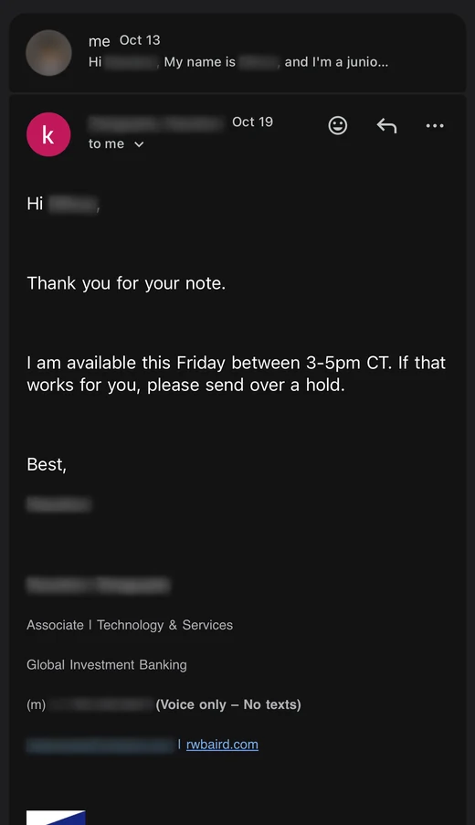 A Baird associate in Technology and Services offers Friday between 3 and 5pm CT.