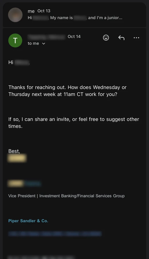 A Piper Sandler vice president offers Wednesday or Thursday next week at 11am CT.