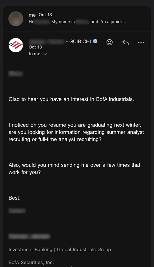 A BofA banker in Global Industrials asks which recruiting cycle and for a few times.