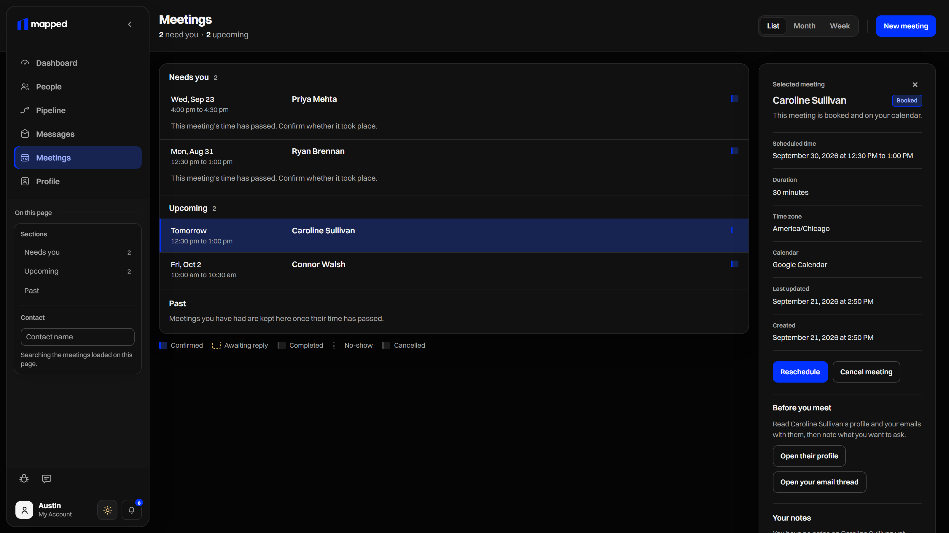 mapped meetings screen with walkthrough preview data