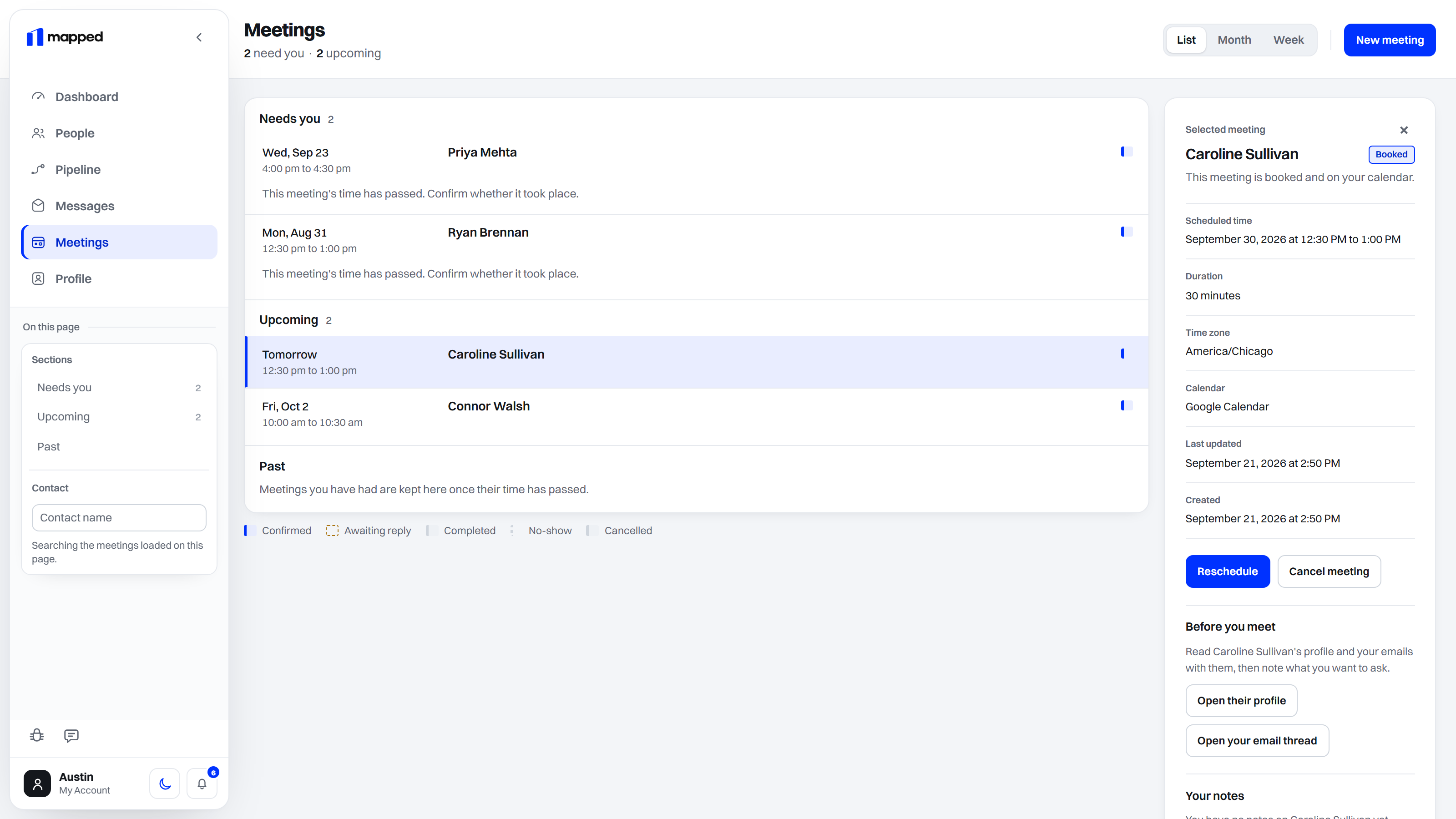mapped meetings screen with walkthrough preview data
